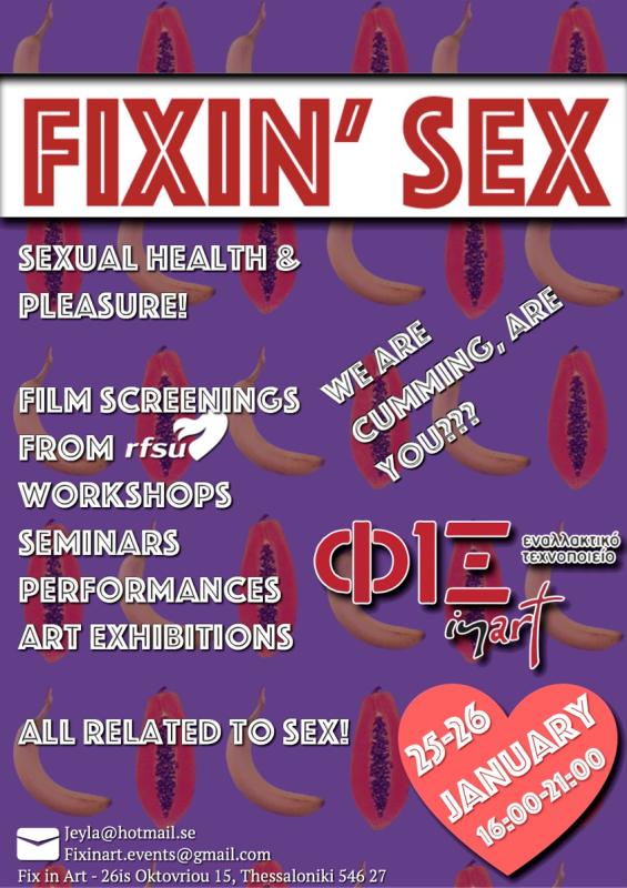 Fix in Sex Festival programme poster listing film screenings with RFSU, workshops, seminars, performances and art exhibitions on sexual health and pleasure