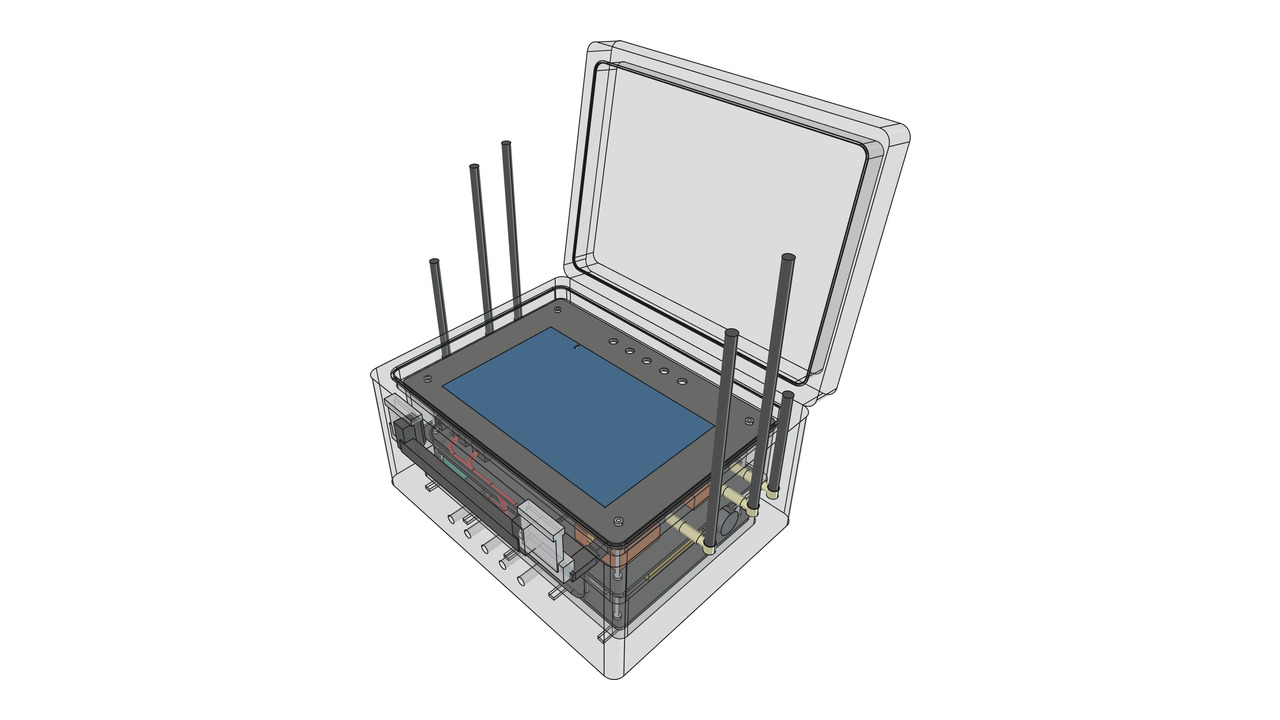Design render of a MeshSat portable field kit: a Raspberry Pi with radio, SMS and satellite connections built into a waterproof case